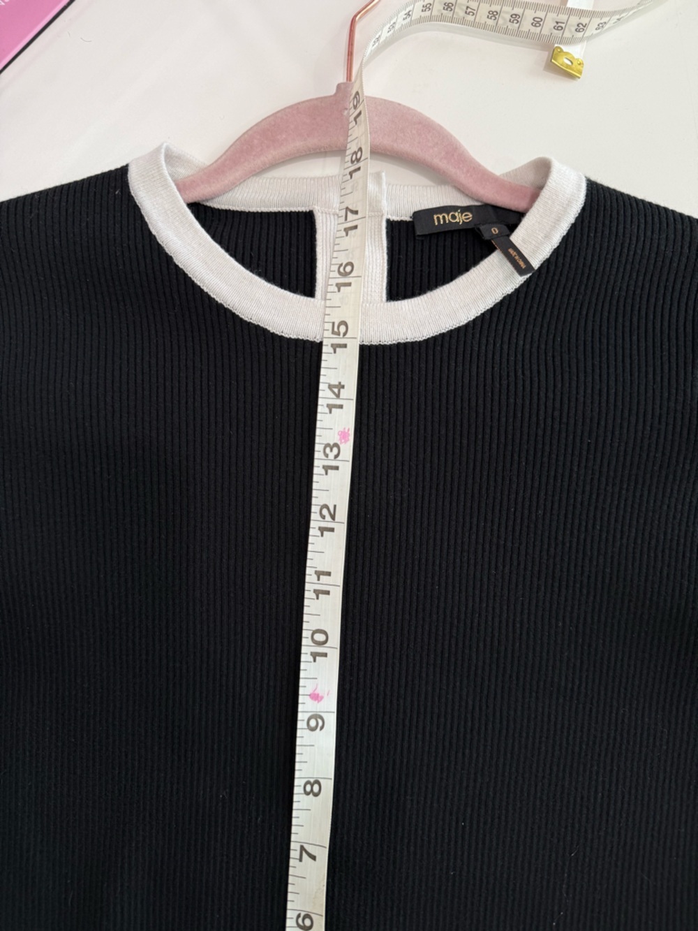 Maje Ribbed Knit Contrast Trim Crop Top Black Ivory Size 0 Short Sleeve - Picture 7 of 8